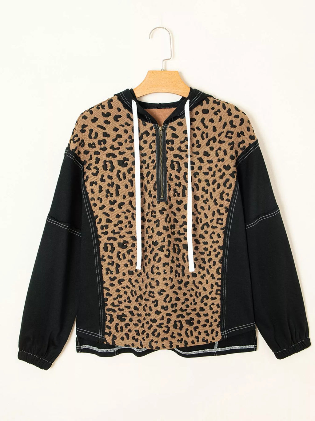 Leopard Patchwork Contrast Stitching Knotted Cuff Quarter Zip Hoodie