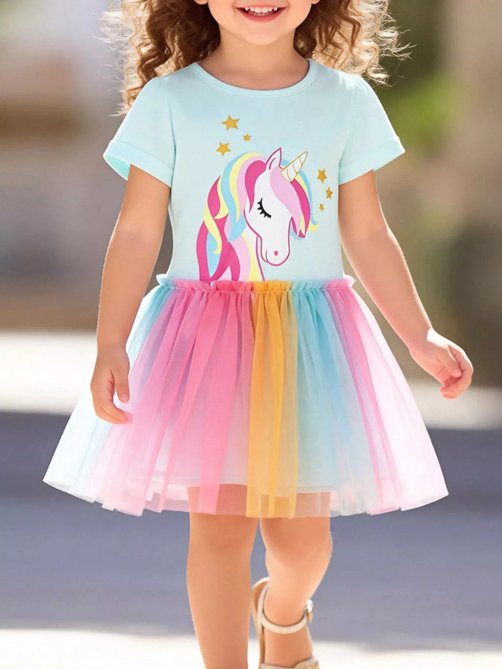Children's Unicorn Graphic Rainbow Tulle Dress