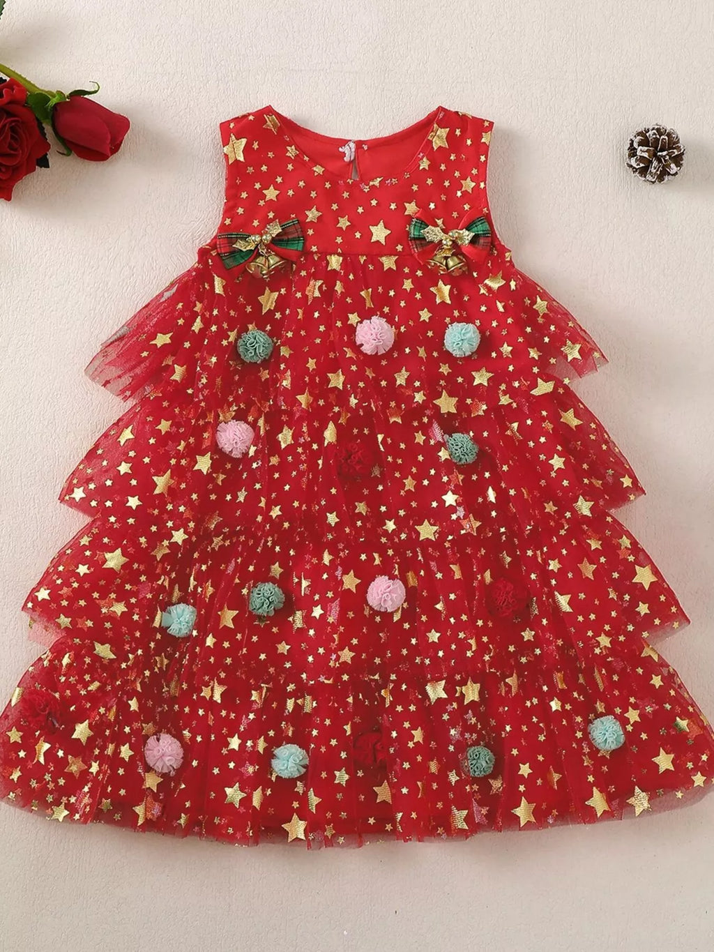 Children's Star Print Pom-Pom Embellishments Tulle Dress