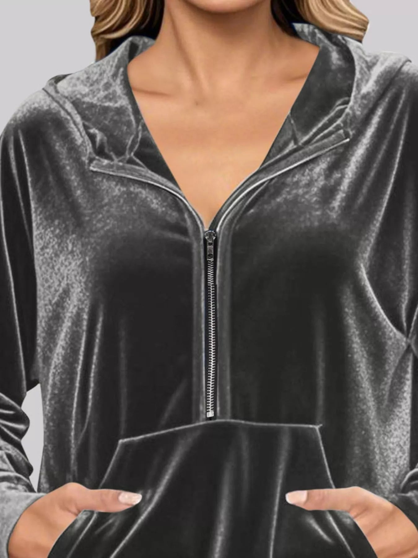 Full Size Velvet Half Zip Hoodie with Kangaroo Pocket Plus Size