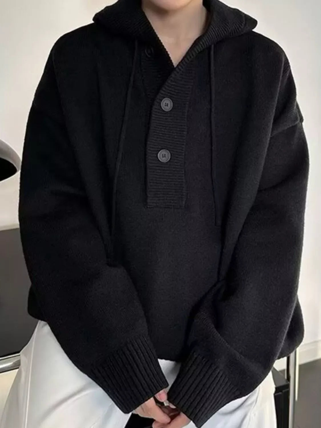 Men's Plus Size Hooded Button Detail Knit Sweater
