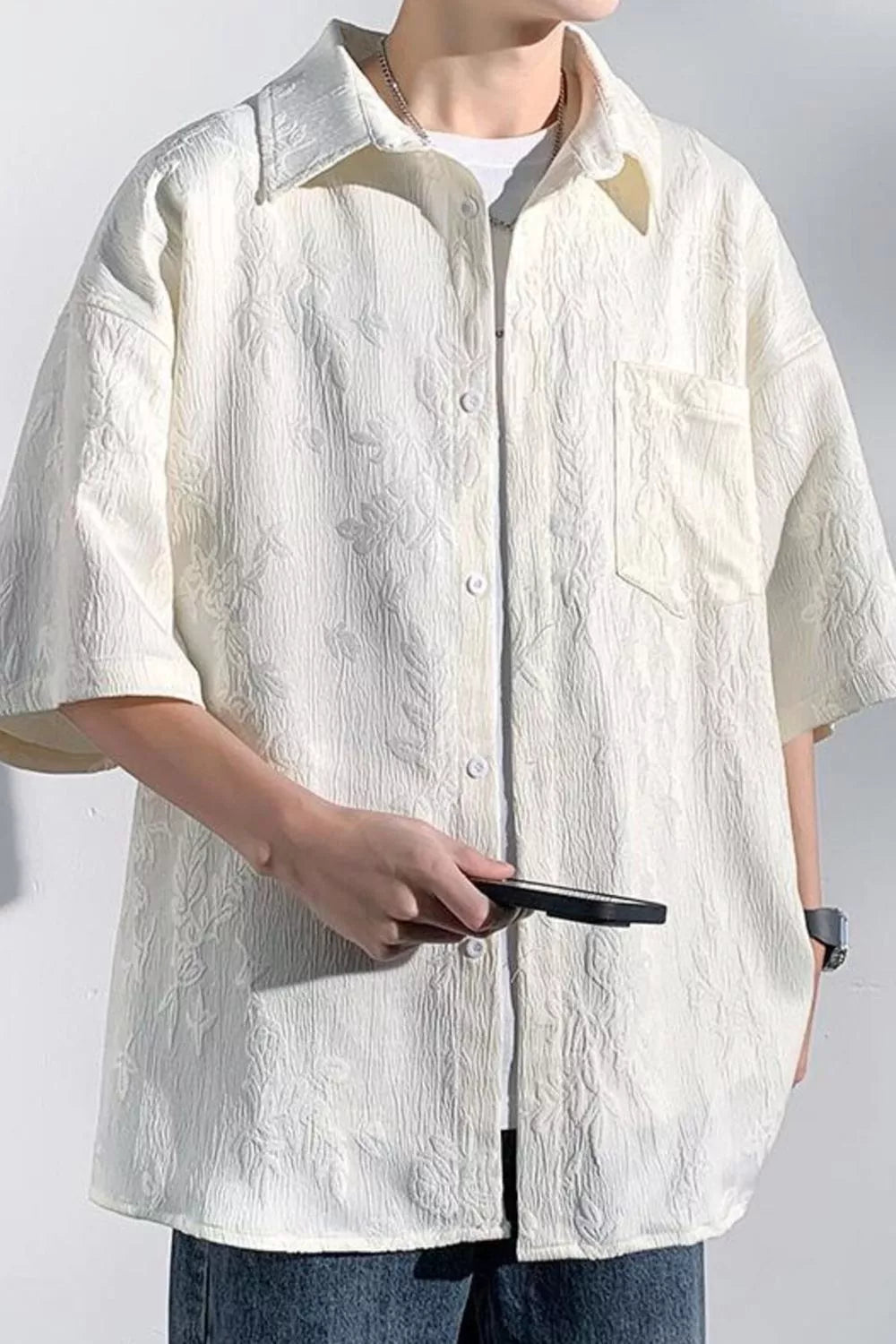 Men's Plus Size Floral Jacquard Short Sleeve Shirt