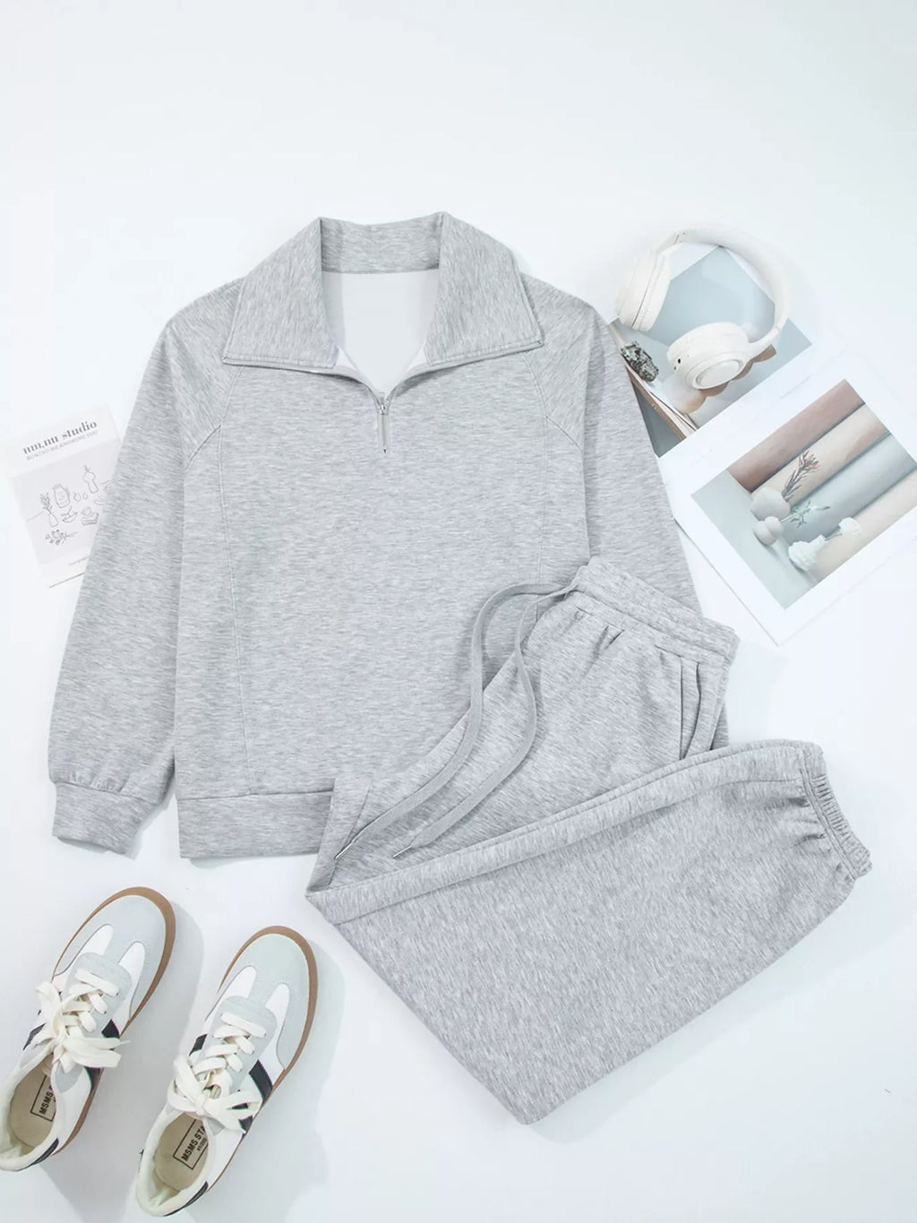Zip Collar Long Sleeve Top and Drawstring Pants Set