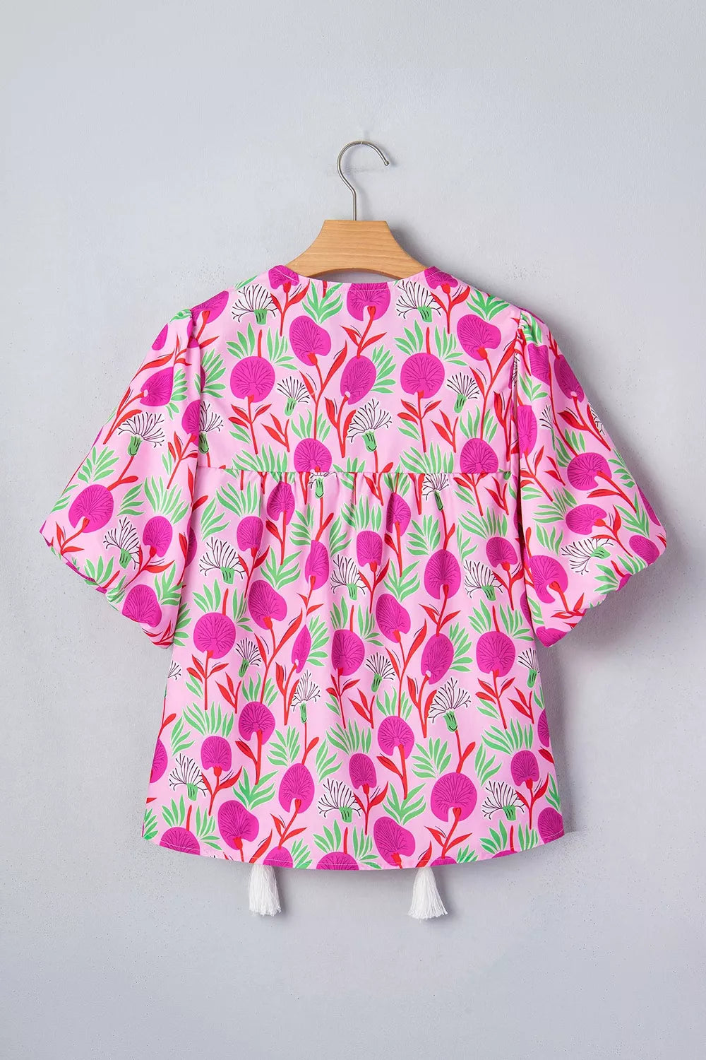 Floral Print Short Sleeve Contrast Patchwork Tassel Tie Blouse