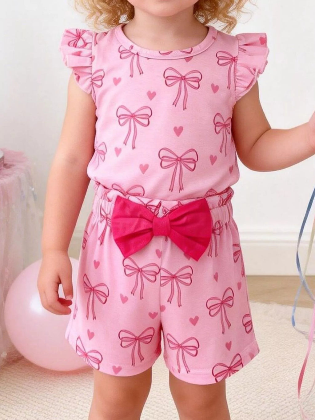 Children's Bowknot Ruffle Sleeve Top and Shorts Set