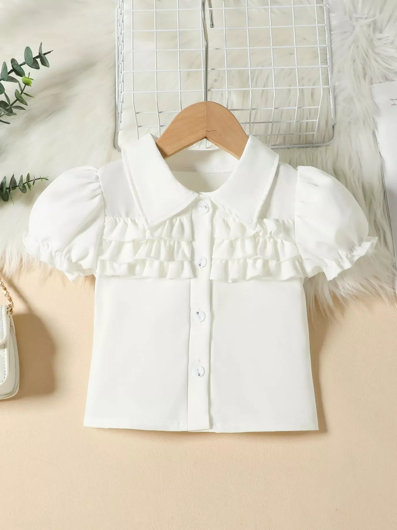 Children's Ruffle Trim Puff Sleeve Top & Pleated Skirt Set