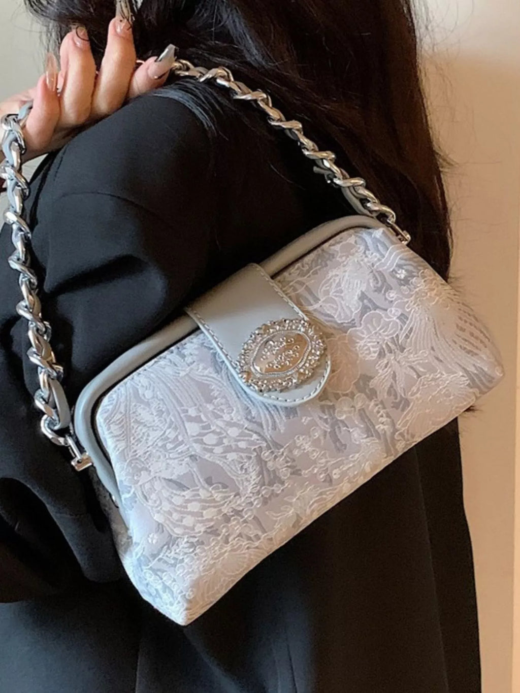 Embroidered Chain Crossbody Bag