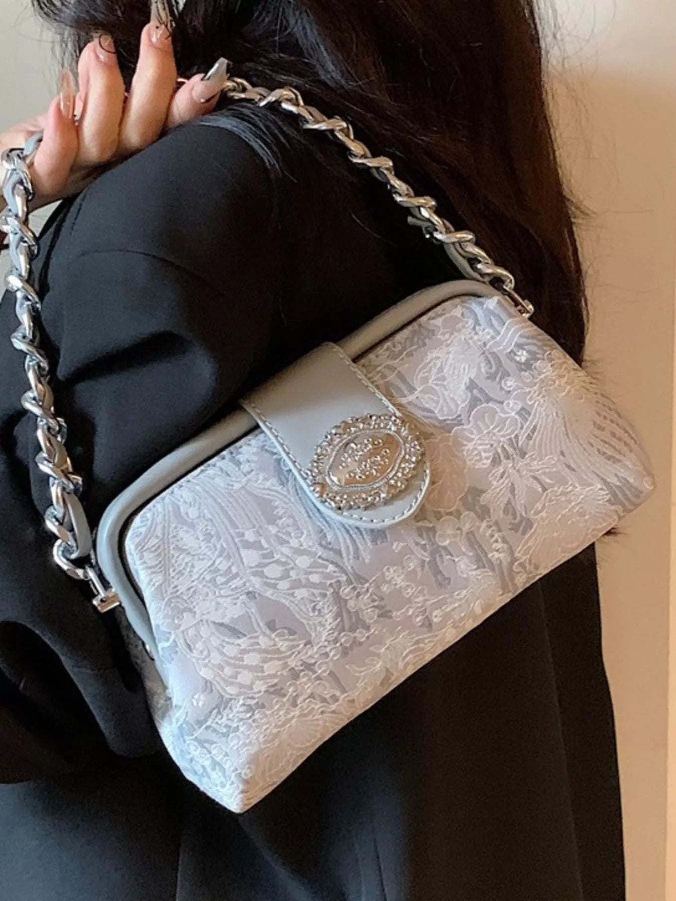 Embroidered Chain Crossbody Bag
