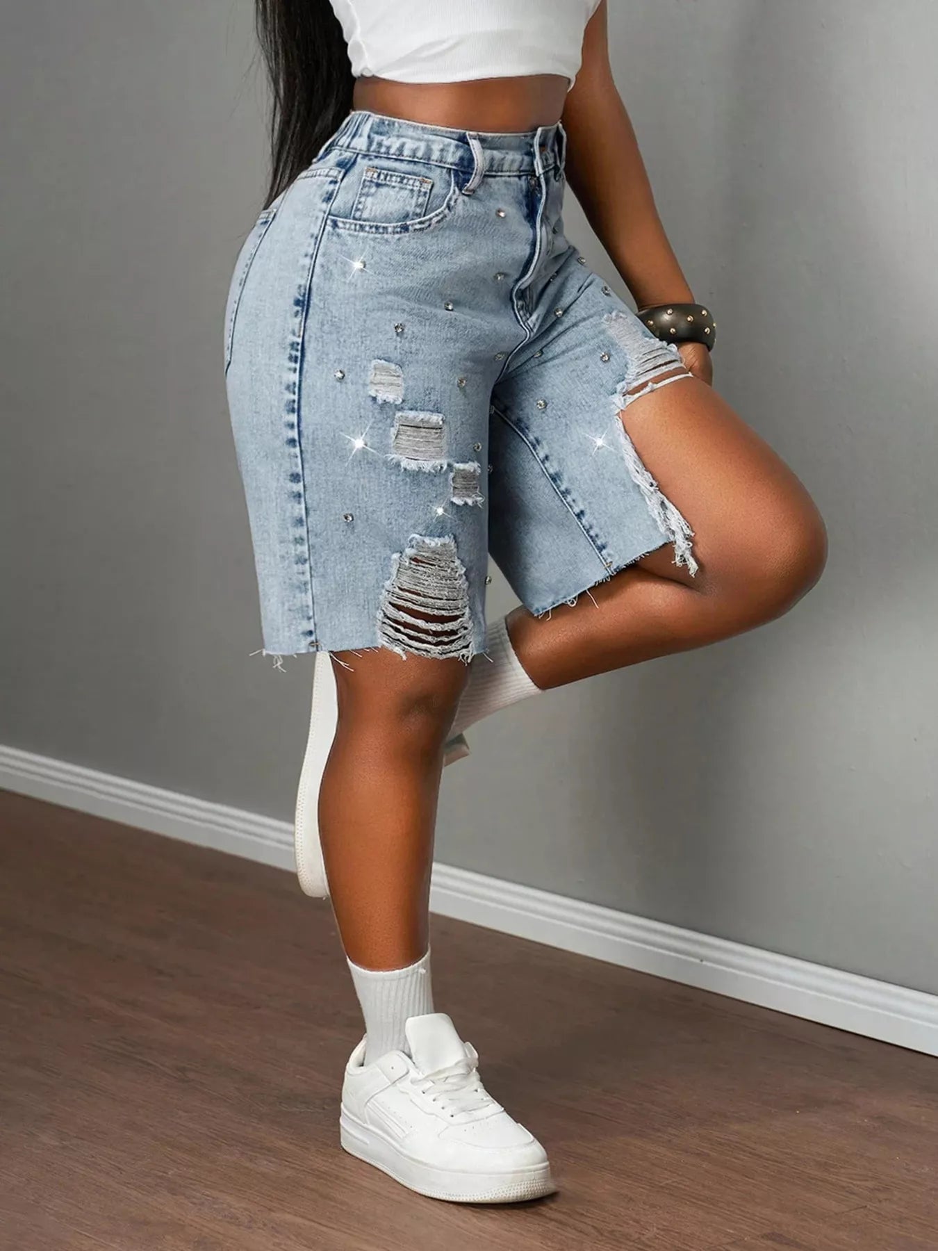 Distressed Rhinestone Denim Shorts