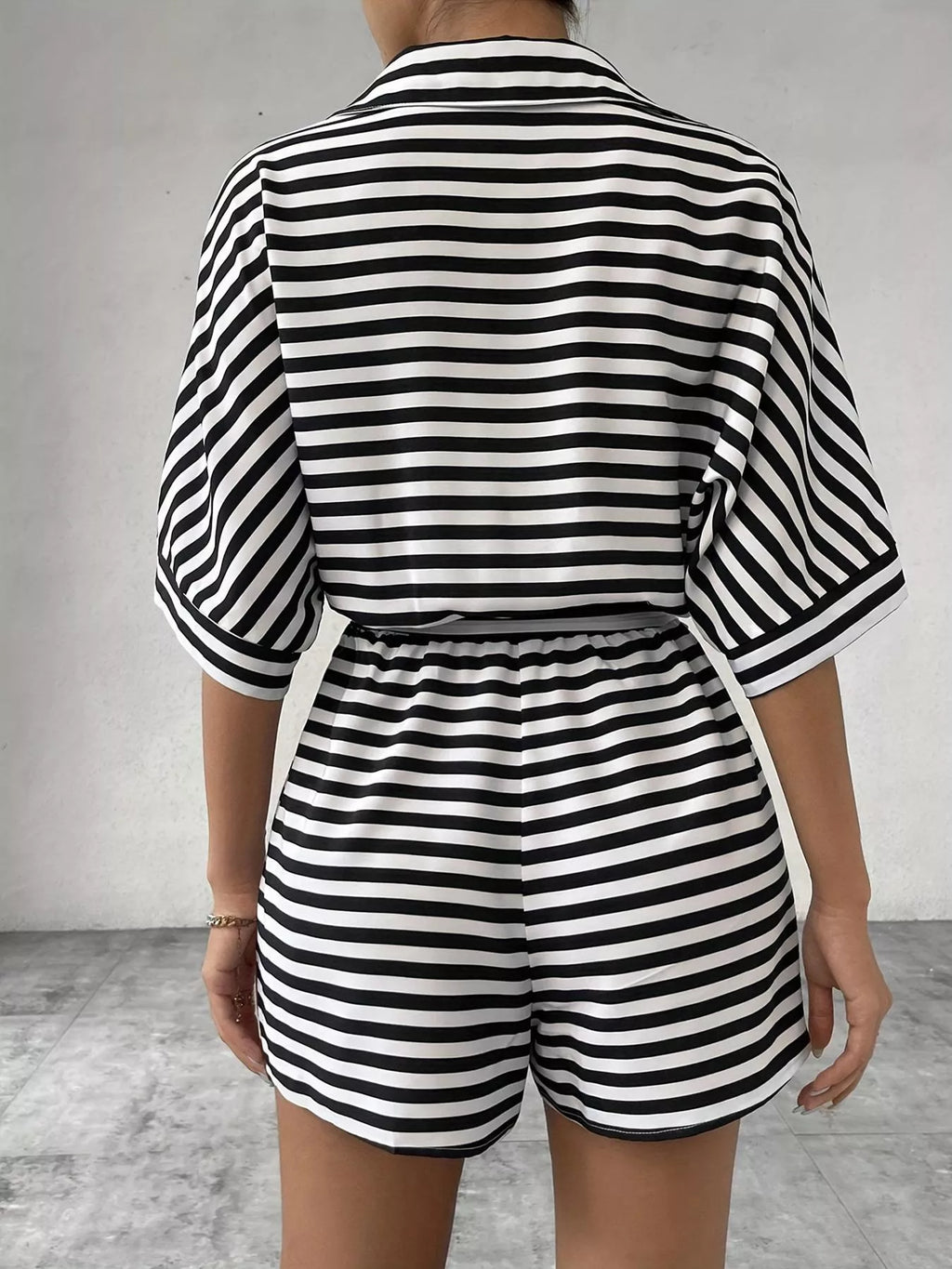 Striped Button-Up Belted Romper