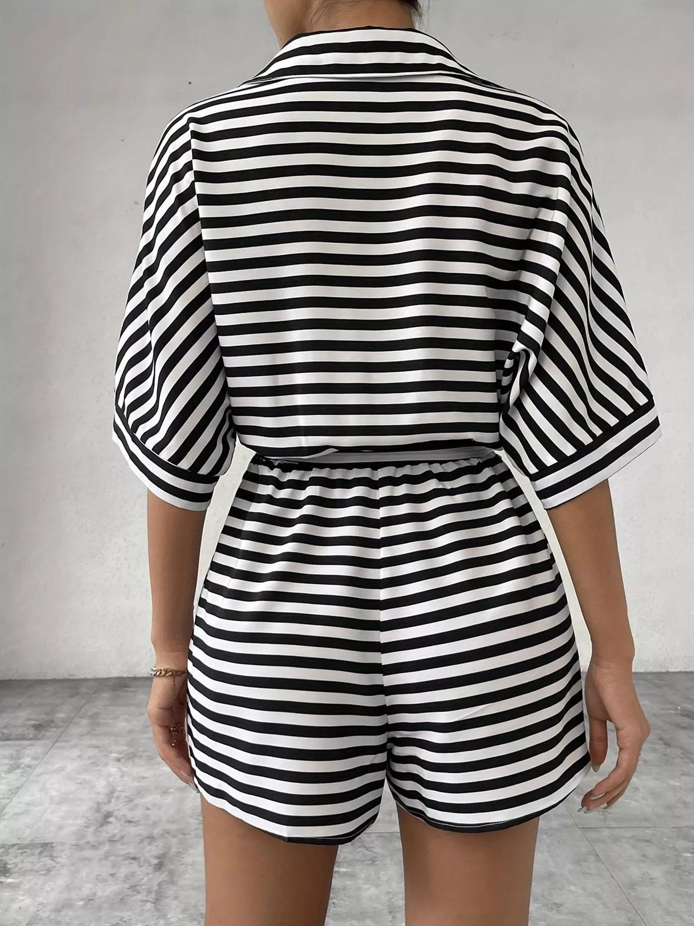 Striped Button-Up Belted Romper