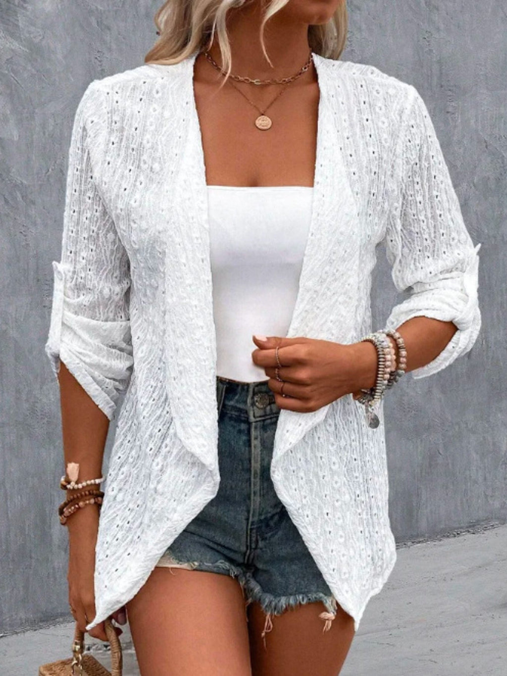 Eyelet Embroidered Open Front Cardigan