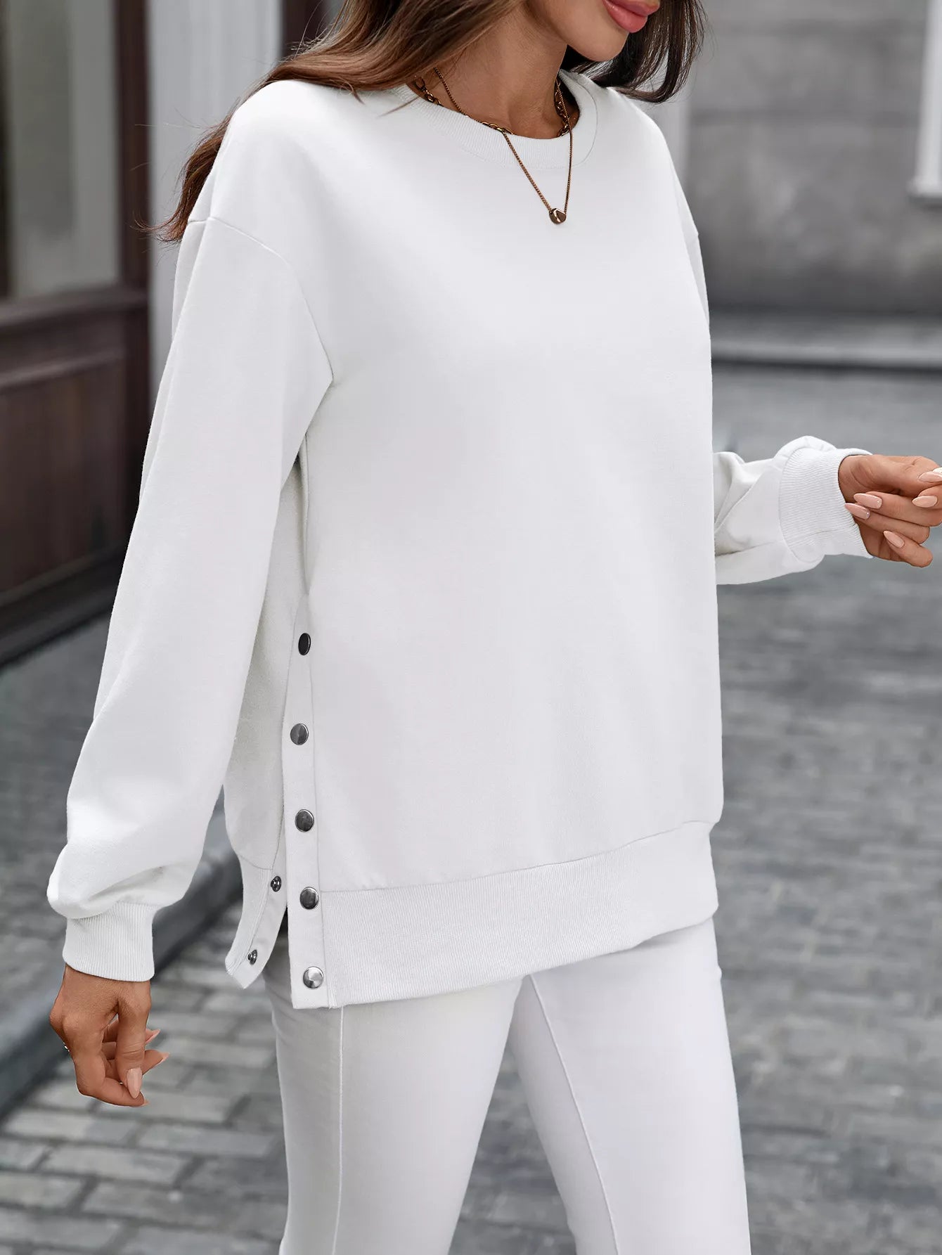 Side Snap Round Neck Sweatshirt