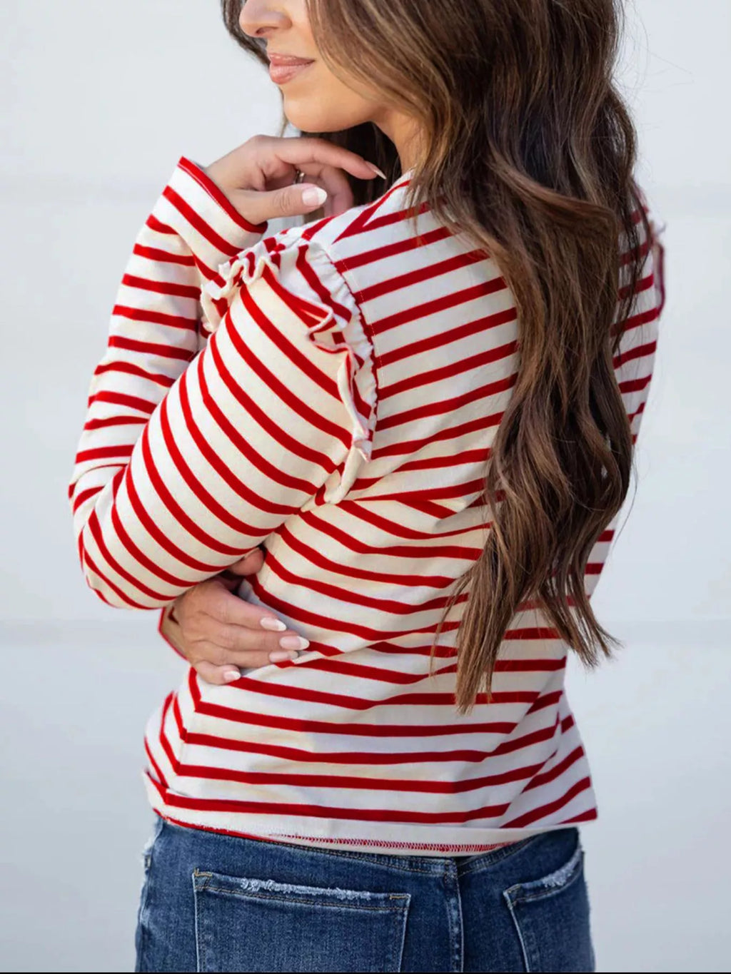 Stripe Round Neck Ruffle Trim Long Sleeve Top