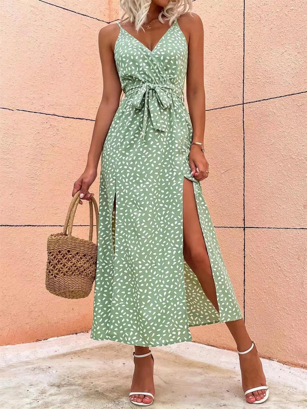 Slit Printed Surplice Midi Dress