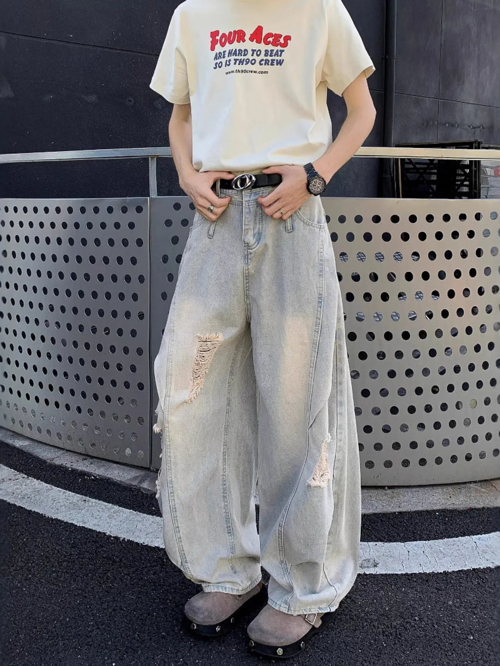 Men's Full Size Distressed Wide Leg Jeans Plus Size