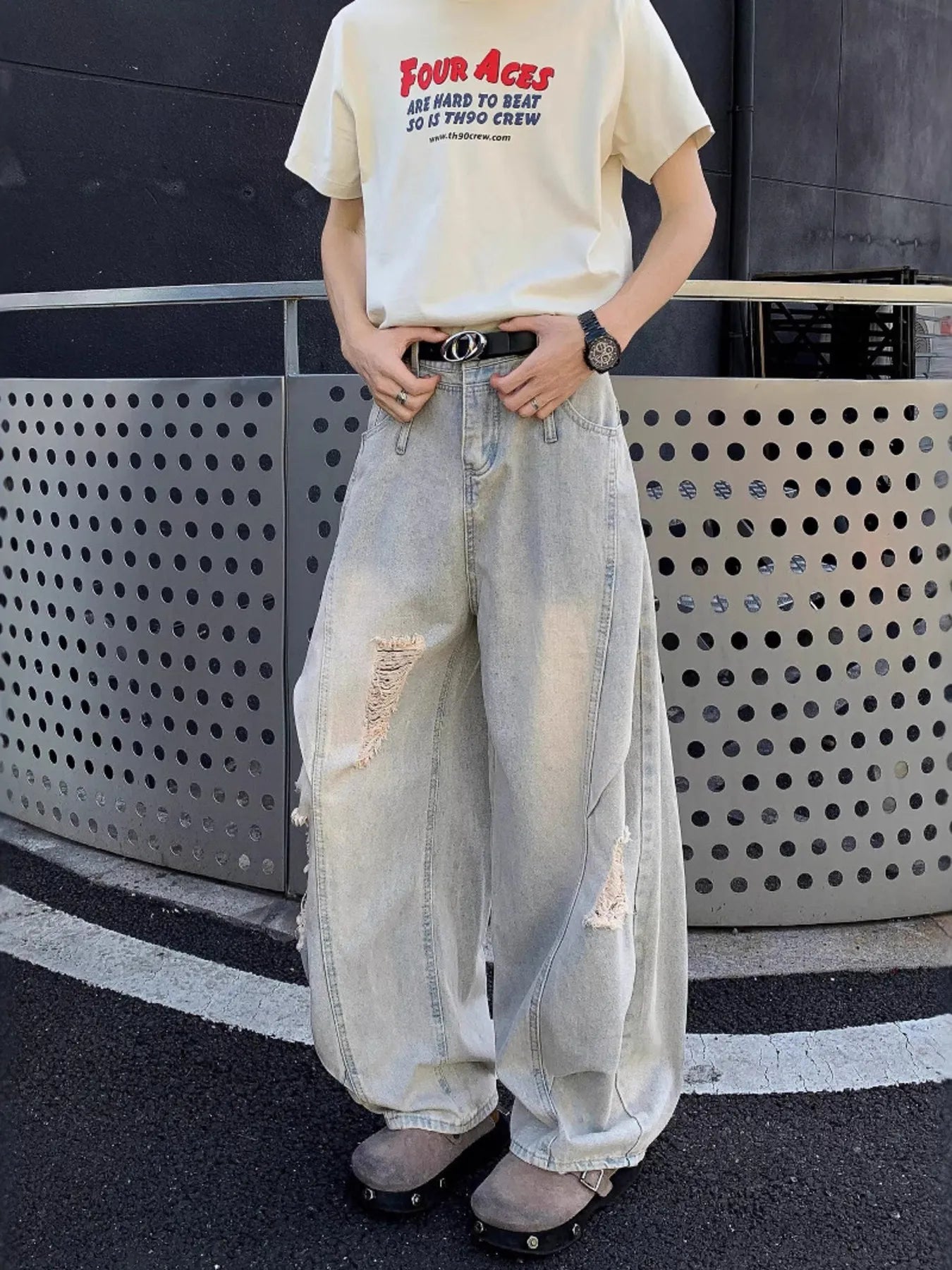 Men's Full Size Distressed Wide Leg Jeans Plus Size