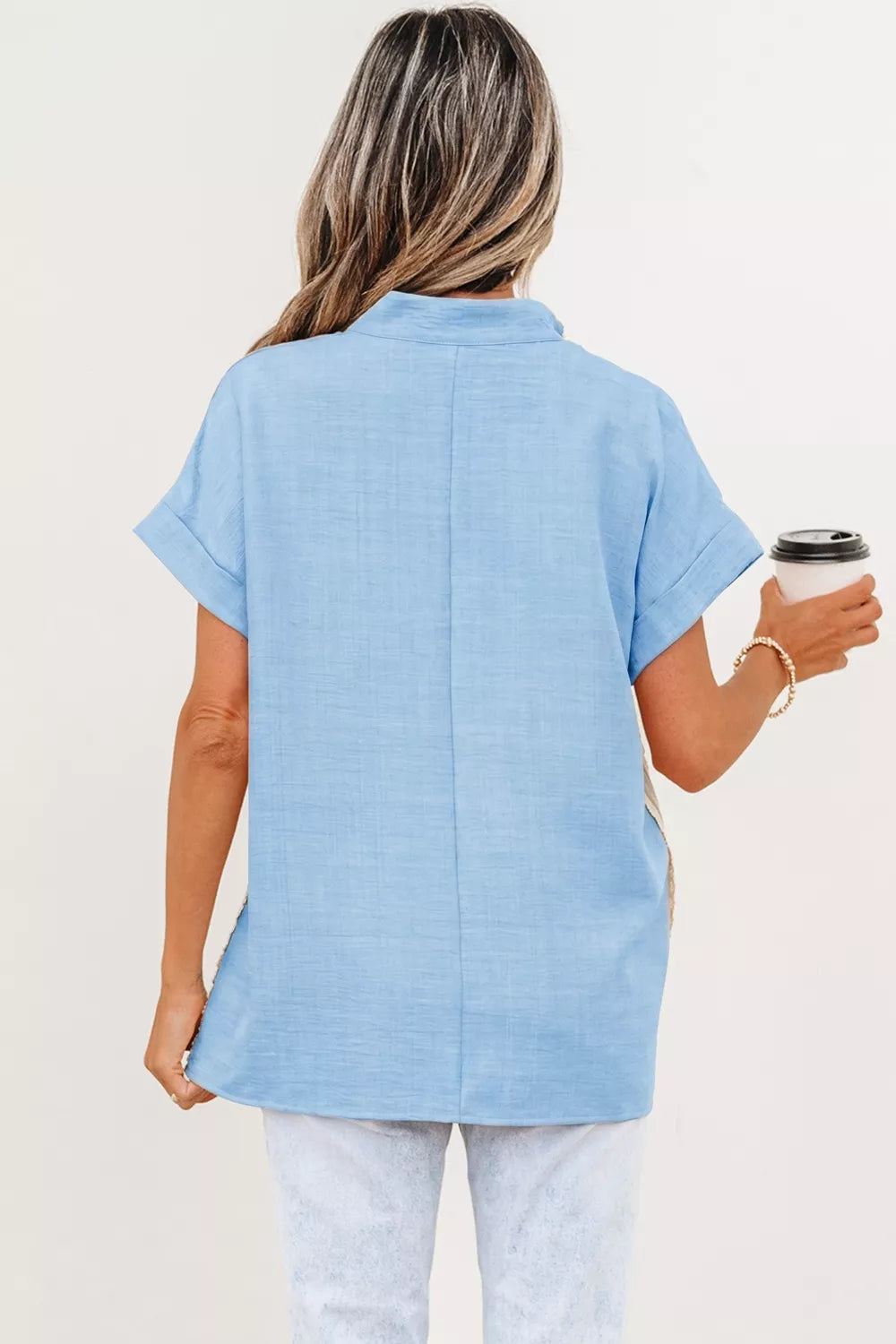 Crochet Lace Accent Pullover Rolled Short Sleeve Blouse