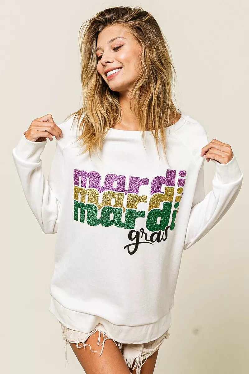 BiBi Mardi Gras Glitter Lettering Sweatshirt