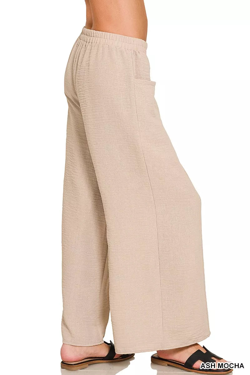 Zenana Woven Airflow Elastic Waistband Pants