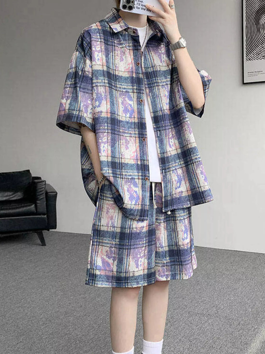 Men's Plus Size Casual Plaid Print Shirt & Shorts Set