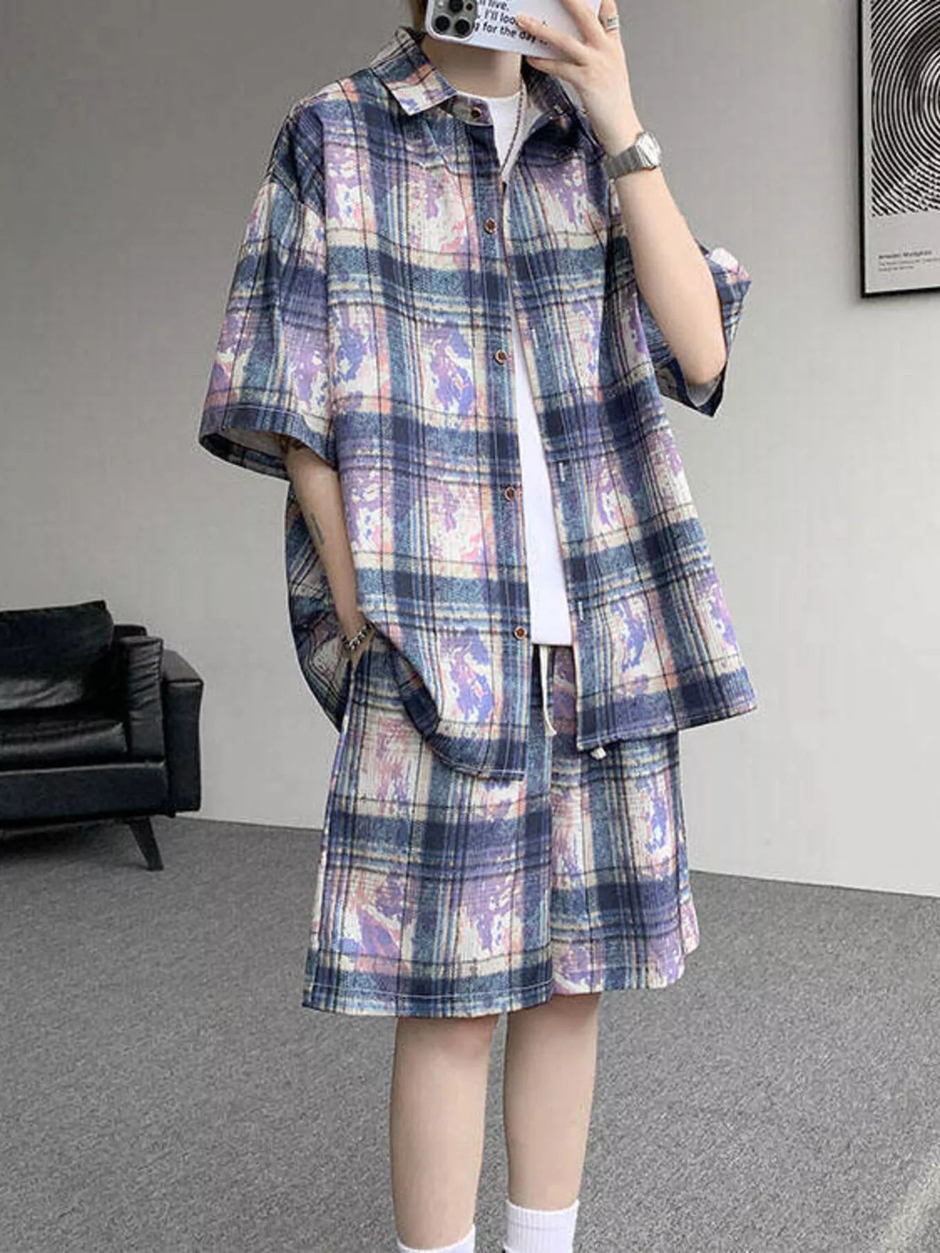 Men's Plus Size Casual Plaid Print Shirt & Shorts Set