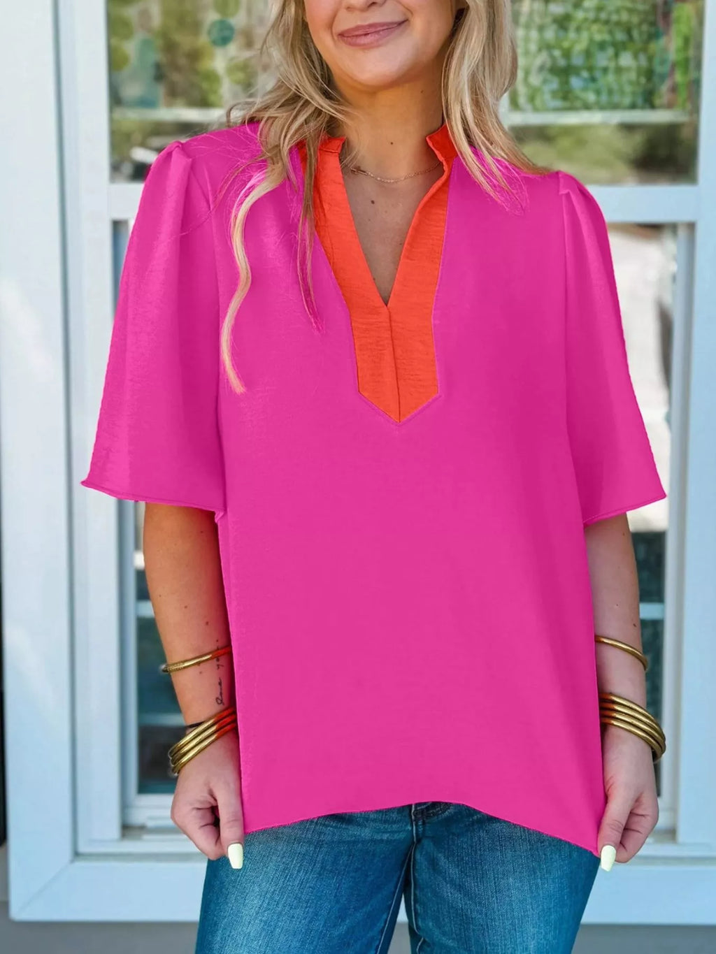 Notched Half Sleeve Blouse