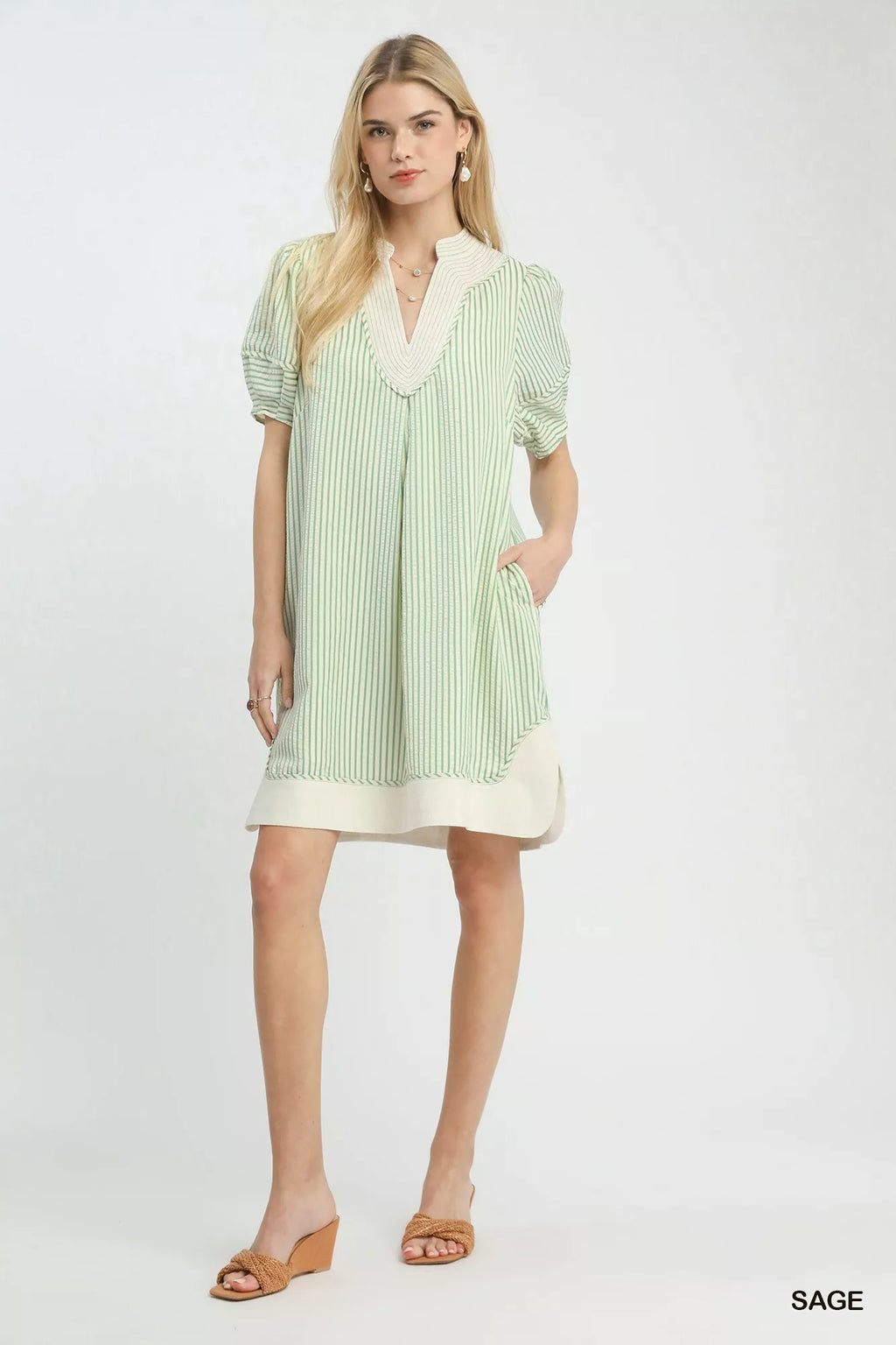 Umgee Pinstripe Shift Dress with Contrast Trim