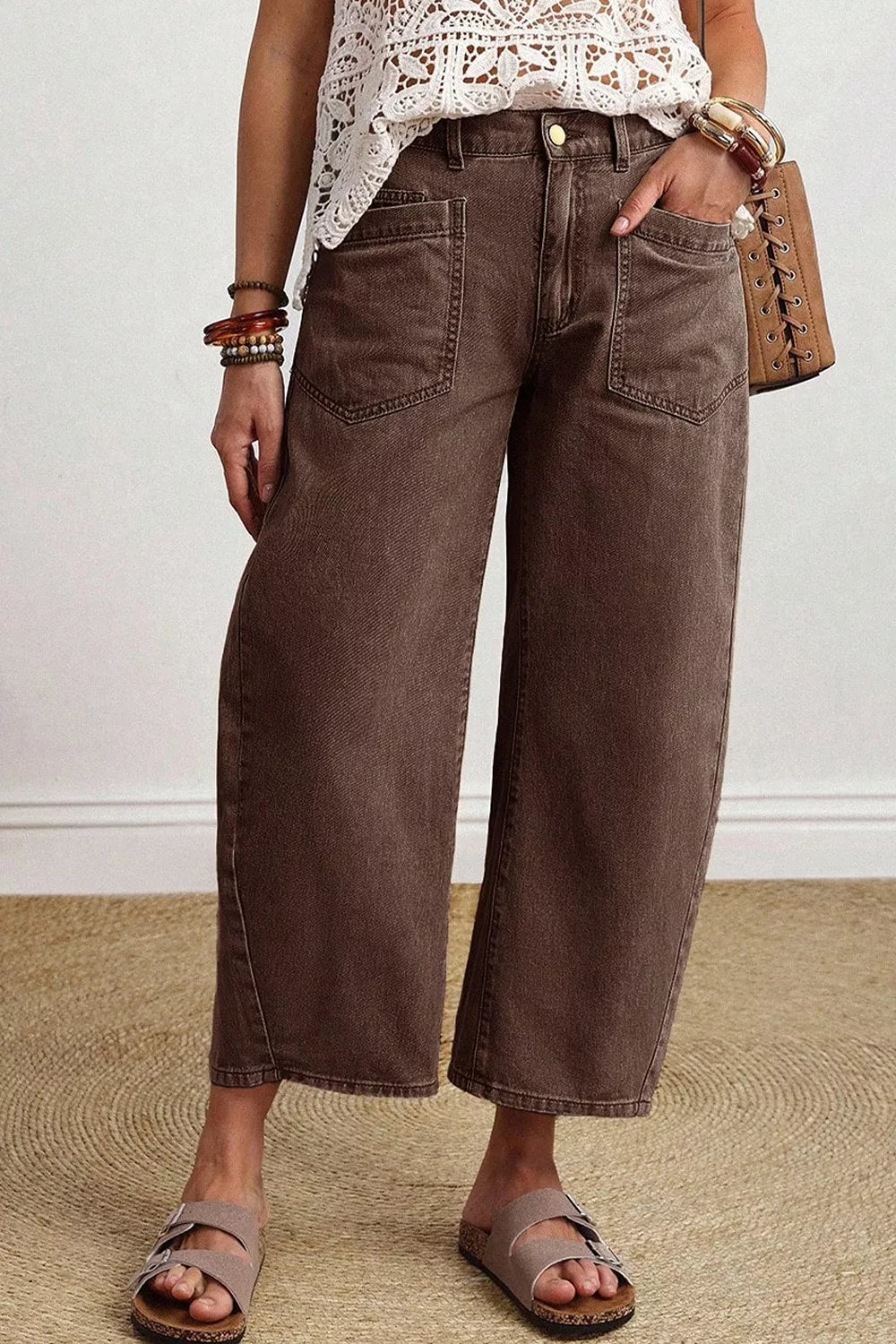Solid Color Square Patch Pocket Ankle-length Barrel Jeans