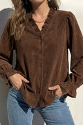 Solid Color Ruffle Trim V Neck Long Sleeve Button Corduroy Shakcet
