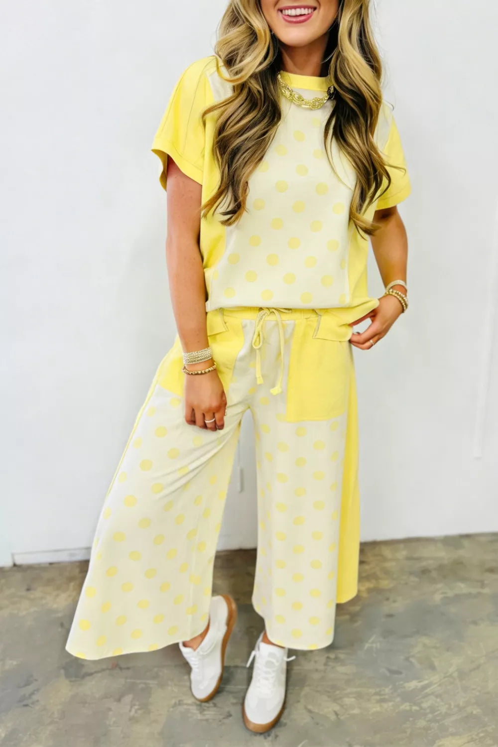 Color Block Patchwork Polka Dot Top and Wide Leg Pant Set