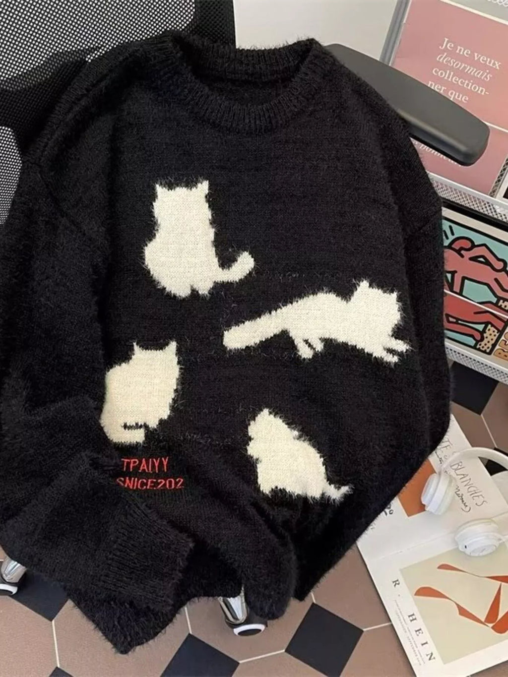 Men's Plus Size Cute Cat Pattern Knitted Pullover
