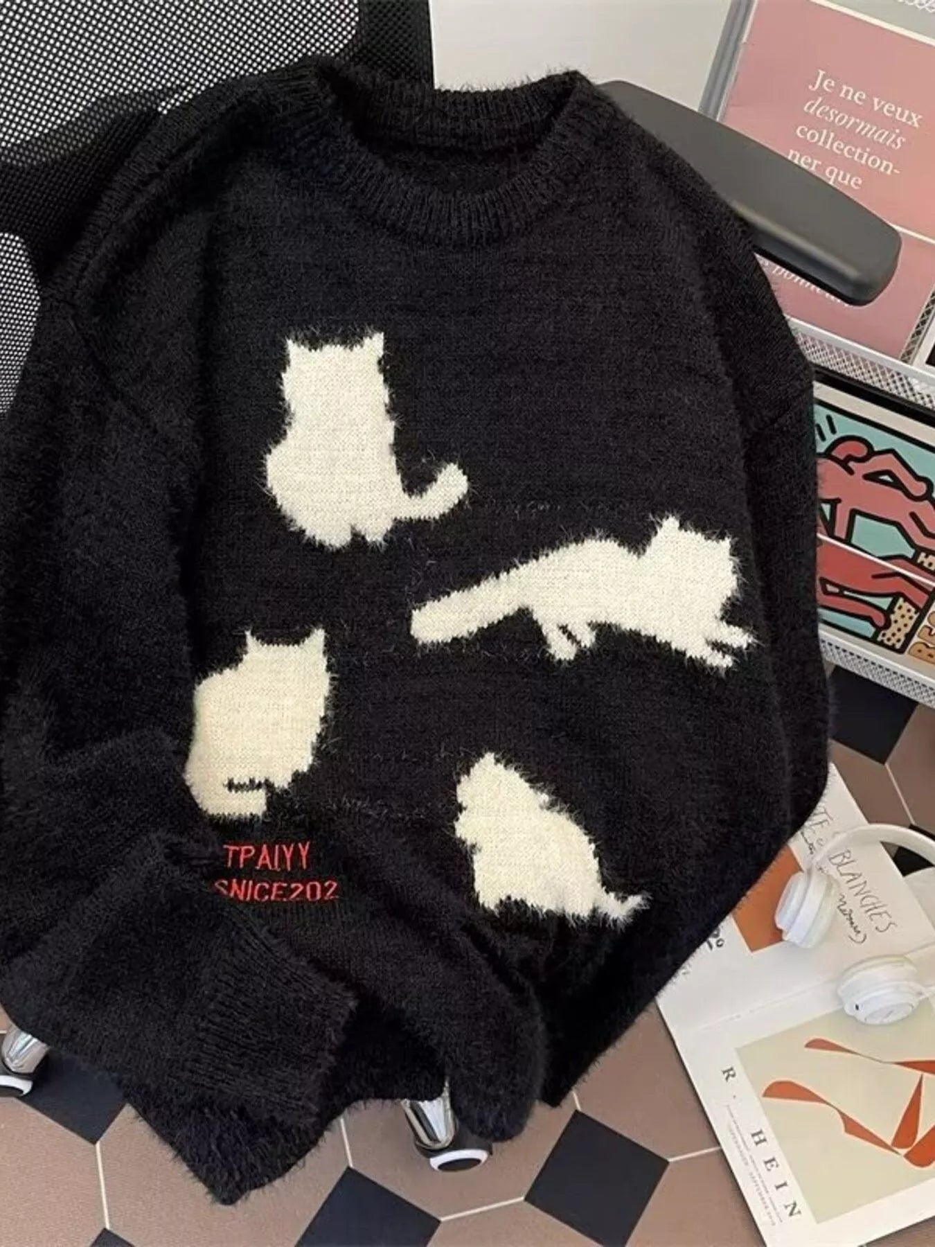 Men's Plus Size Cute Cat Pattern Knitted Pullover