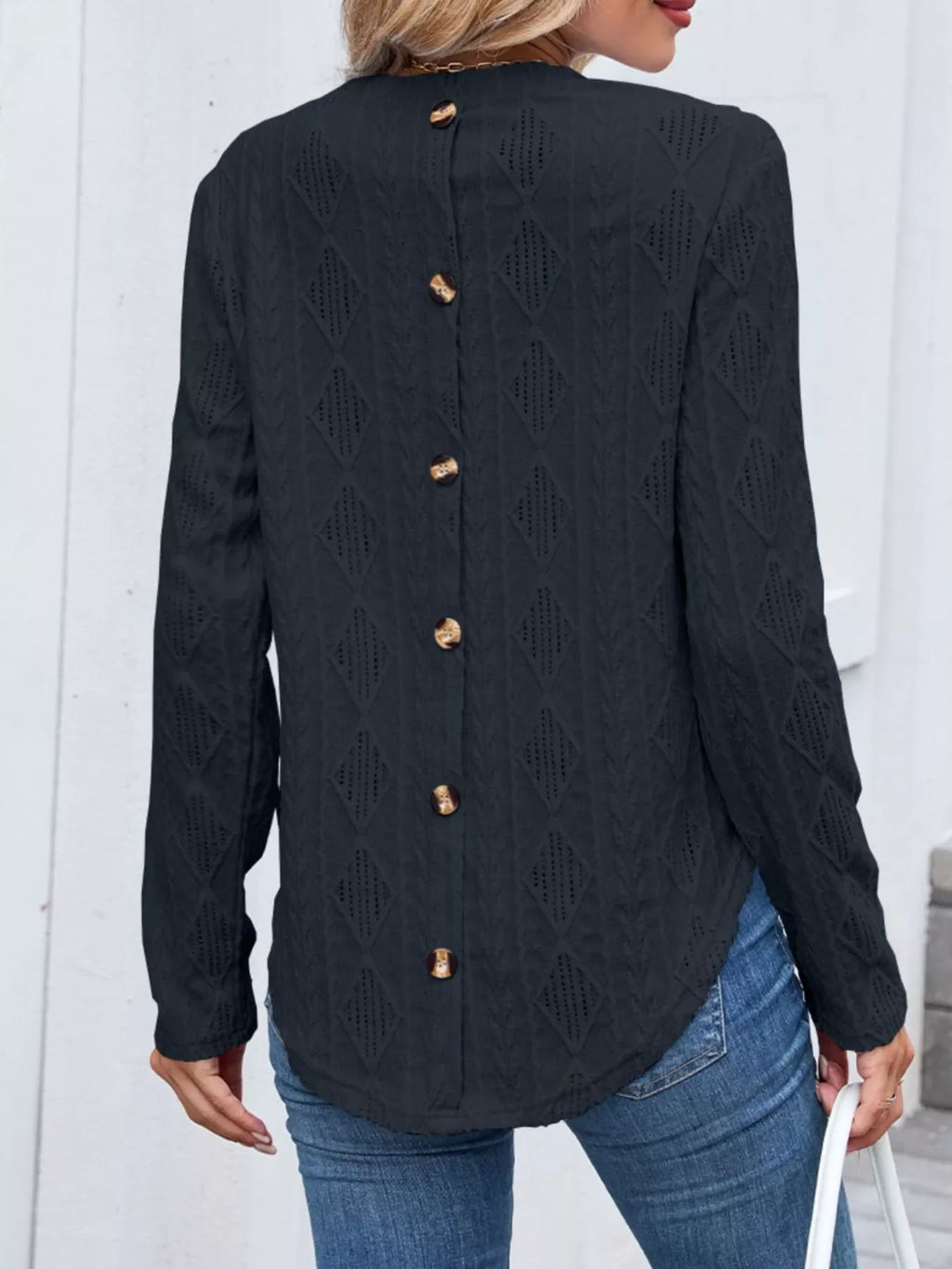 Openwork Textured Long Sleeve Top