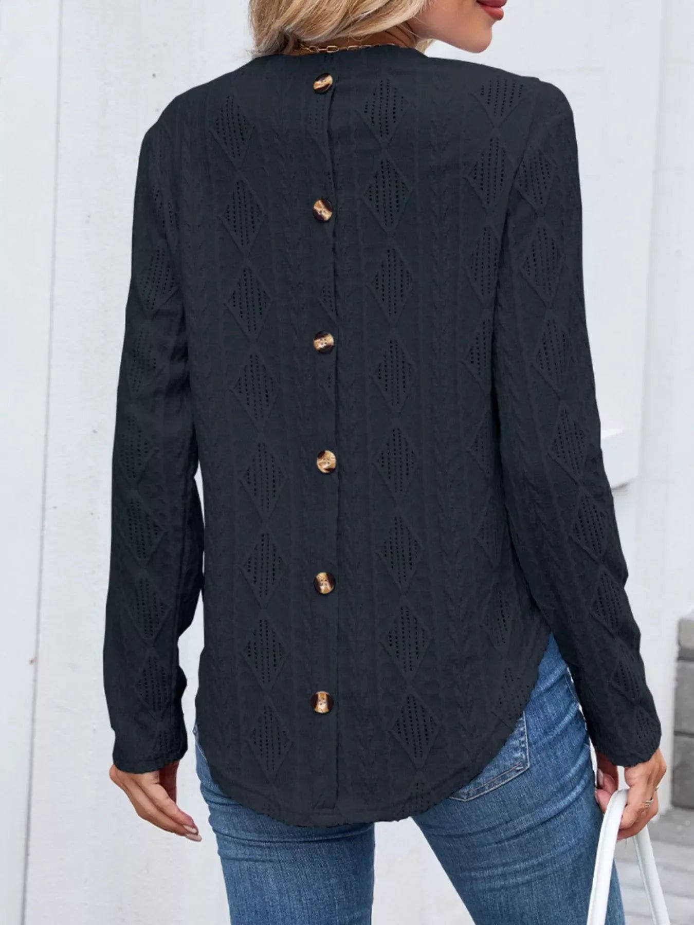 Openwork Textured Long Sleeve Top