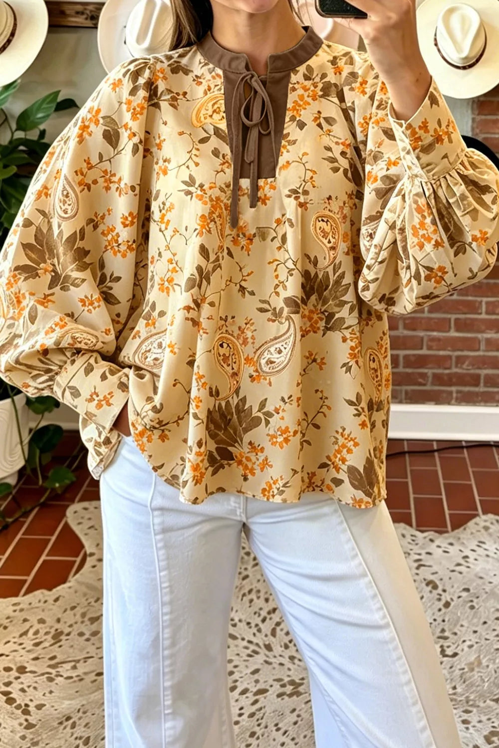 Paisley Print Tie Neck Long Sleeve Shift Top