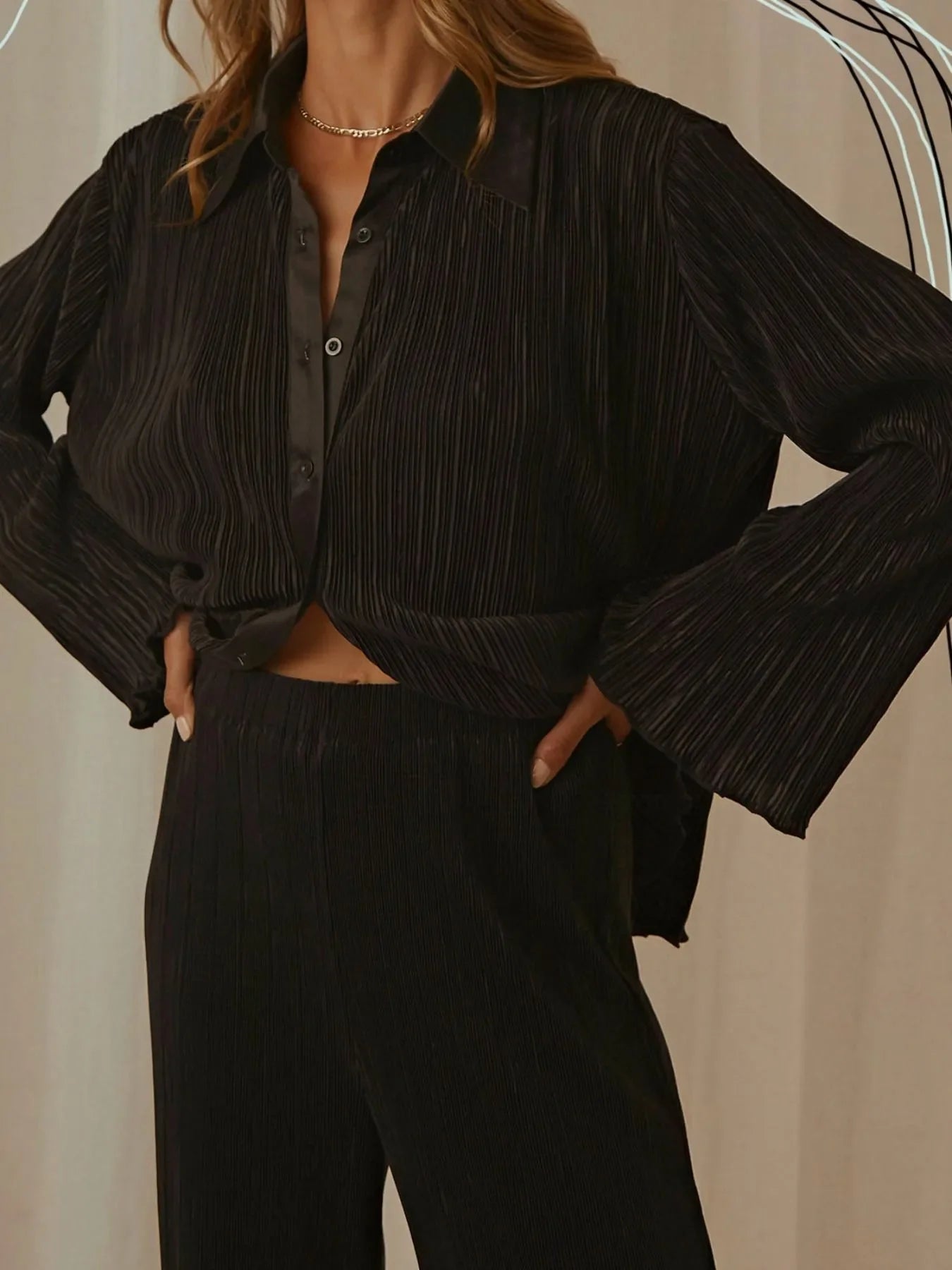 Button Up Long Sleeve Top and Pants Set