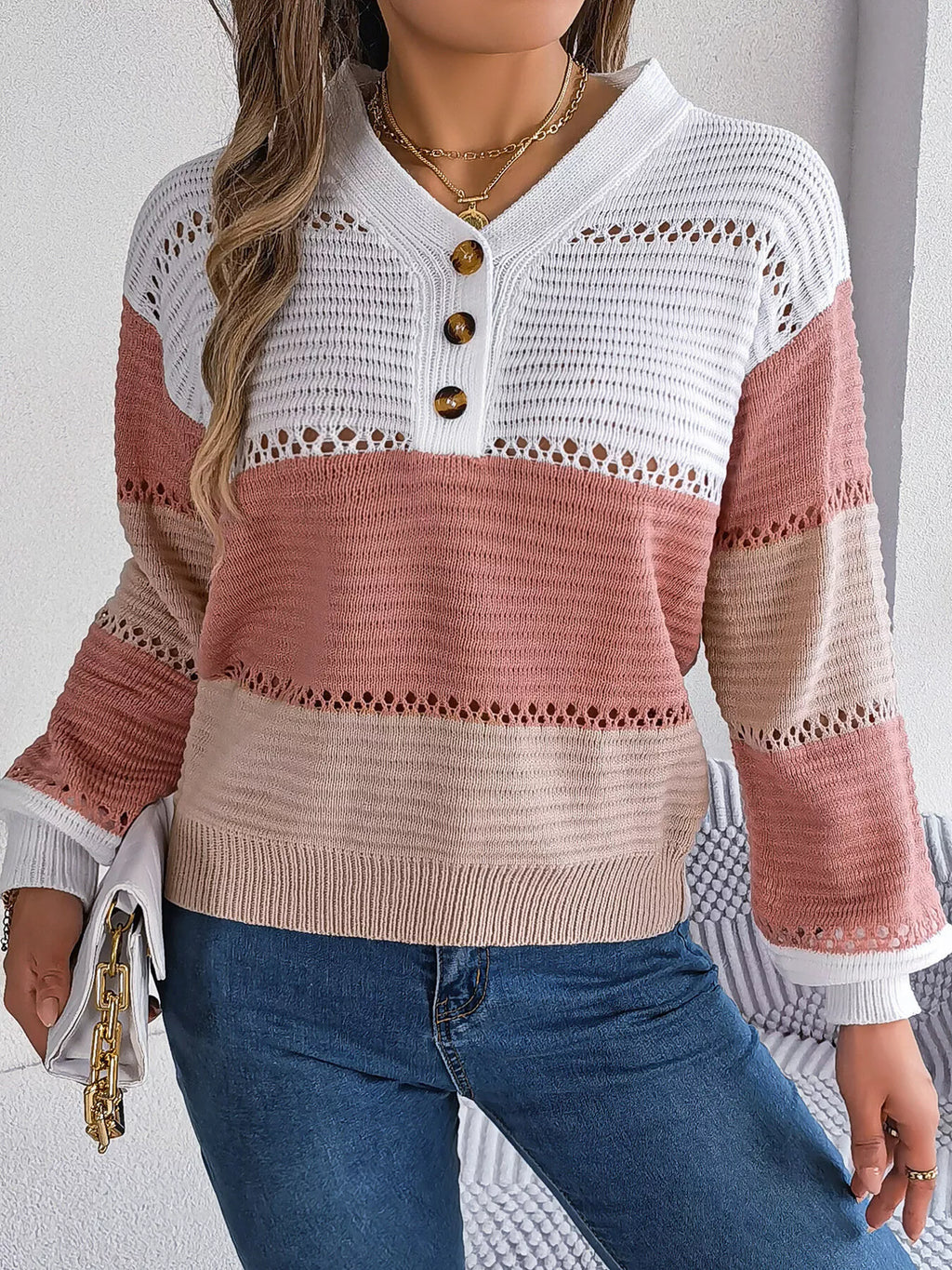 Color Block Striped V-Neck Button Detail Sweater