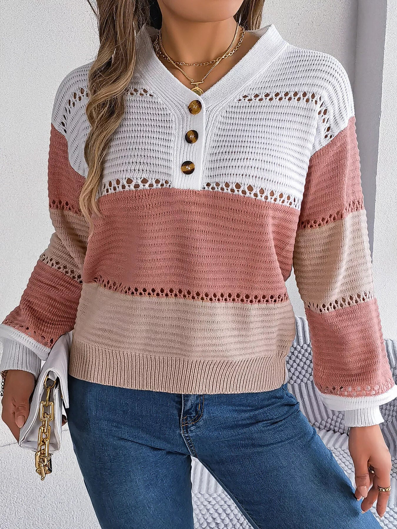 Color Block Striped V-Neck Button Detail Sweater