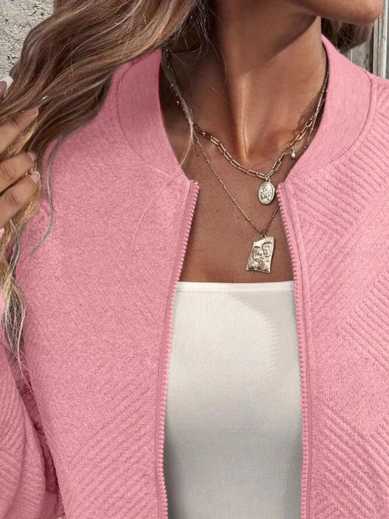 Full Size Zip Up Long Sleeve Textured Jacket Plus Size