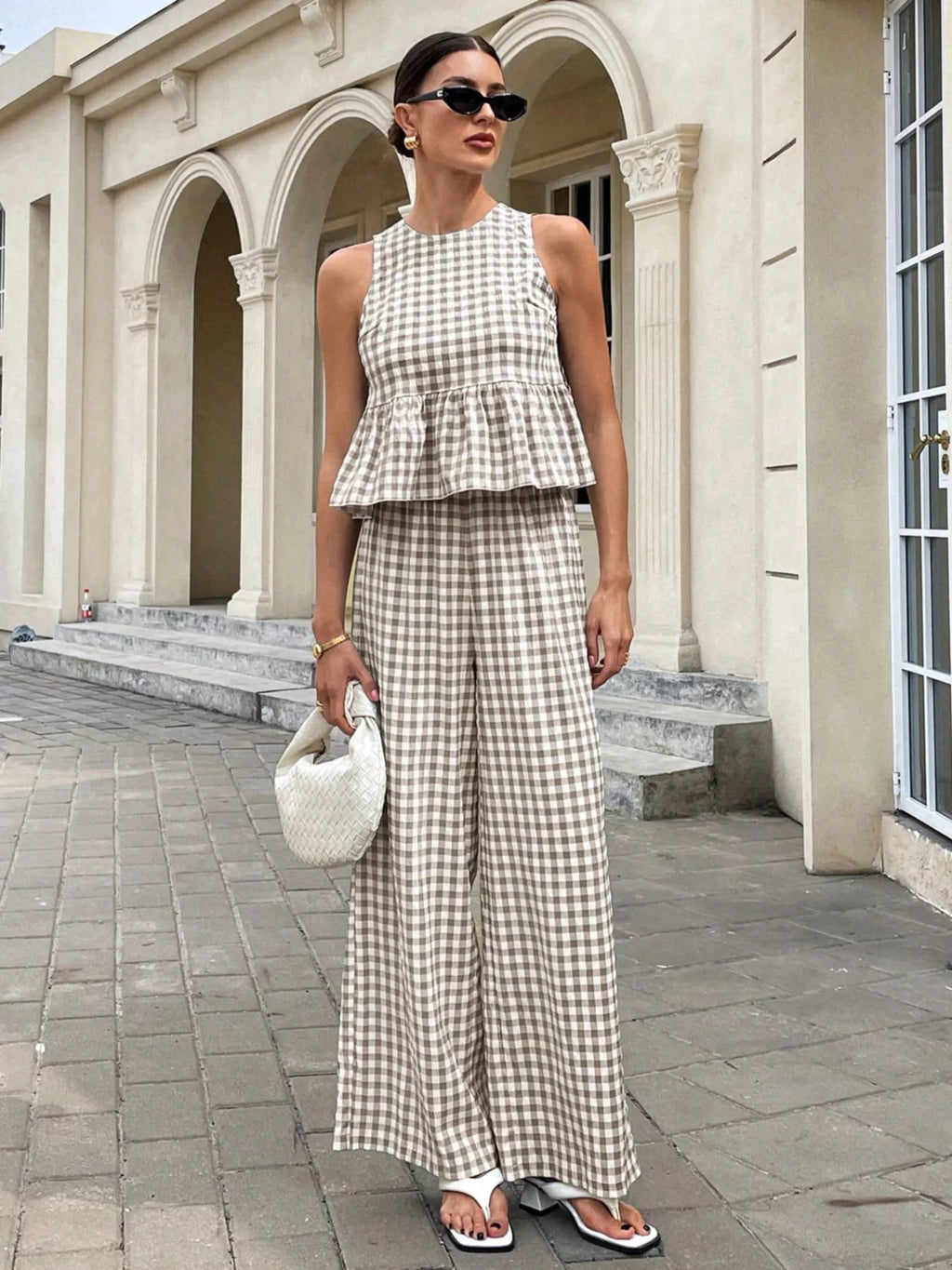 Gingham Sleeveless Top and Wide Leg Pants Set