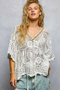 POL V-Neck Crochet Top with Scalloped Hem