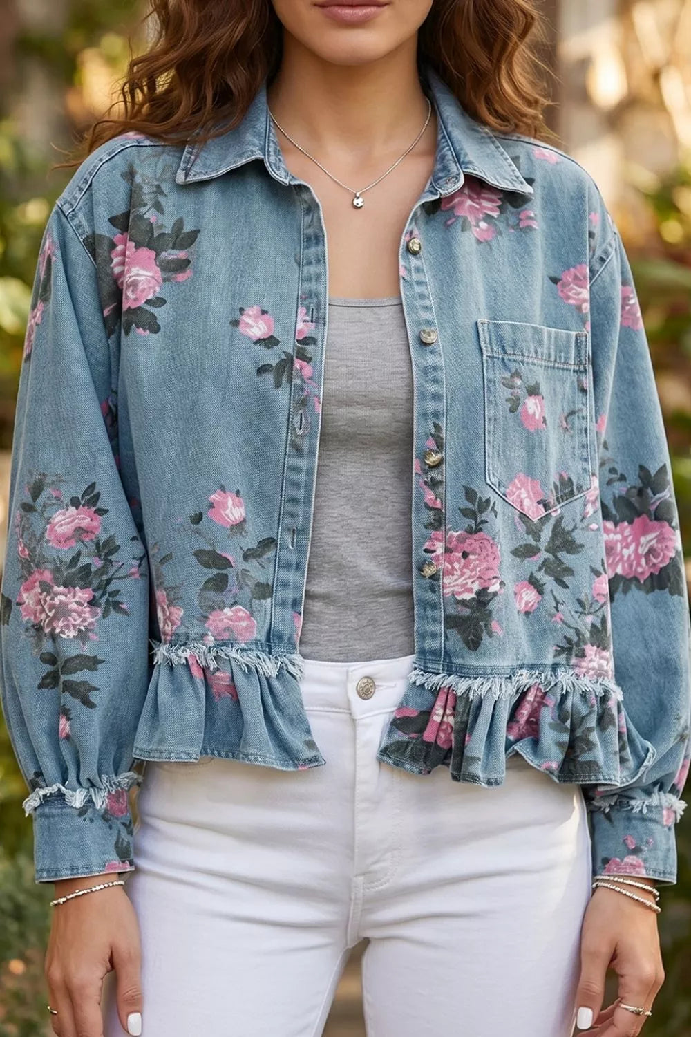 Floral Print Denim Jacket with Ruffled Hem