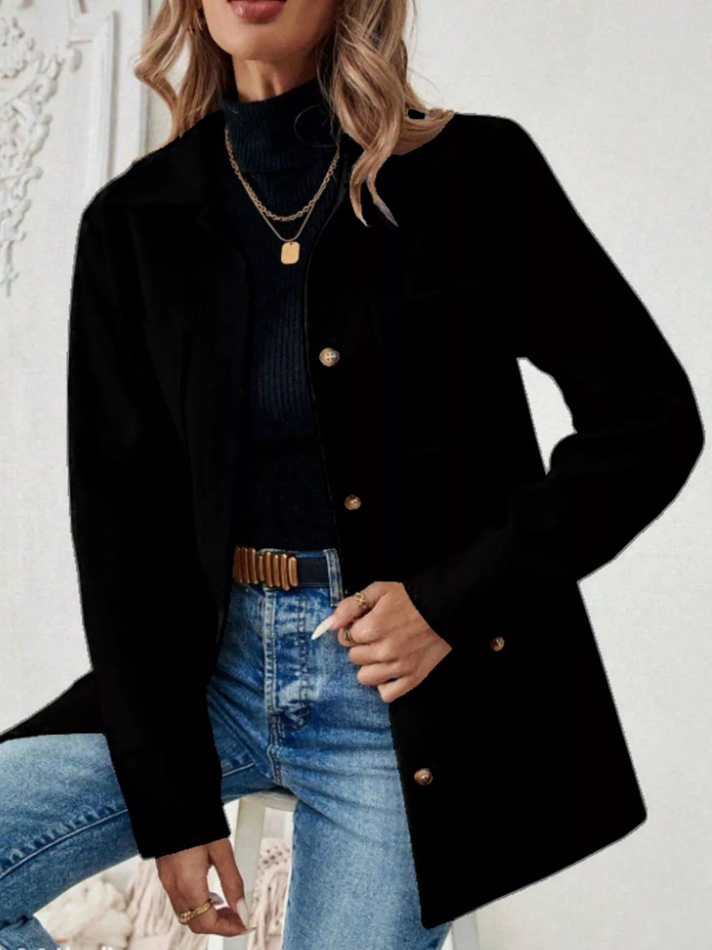 Button-Front Pocketed Long Sleeve Outerwear