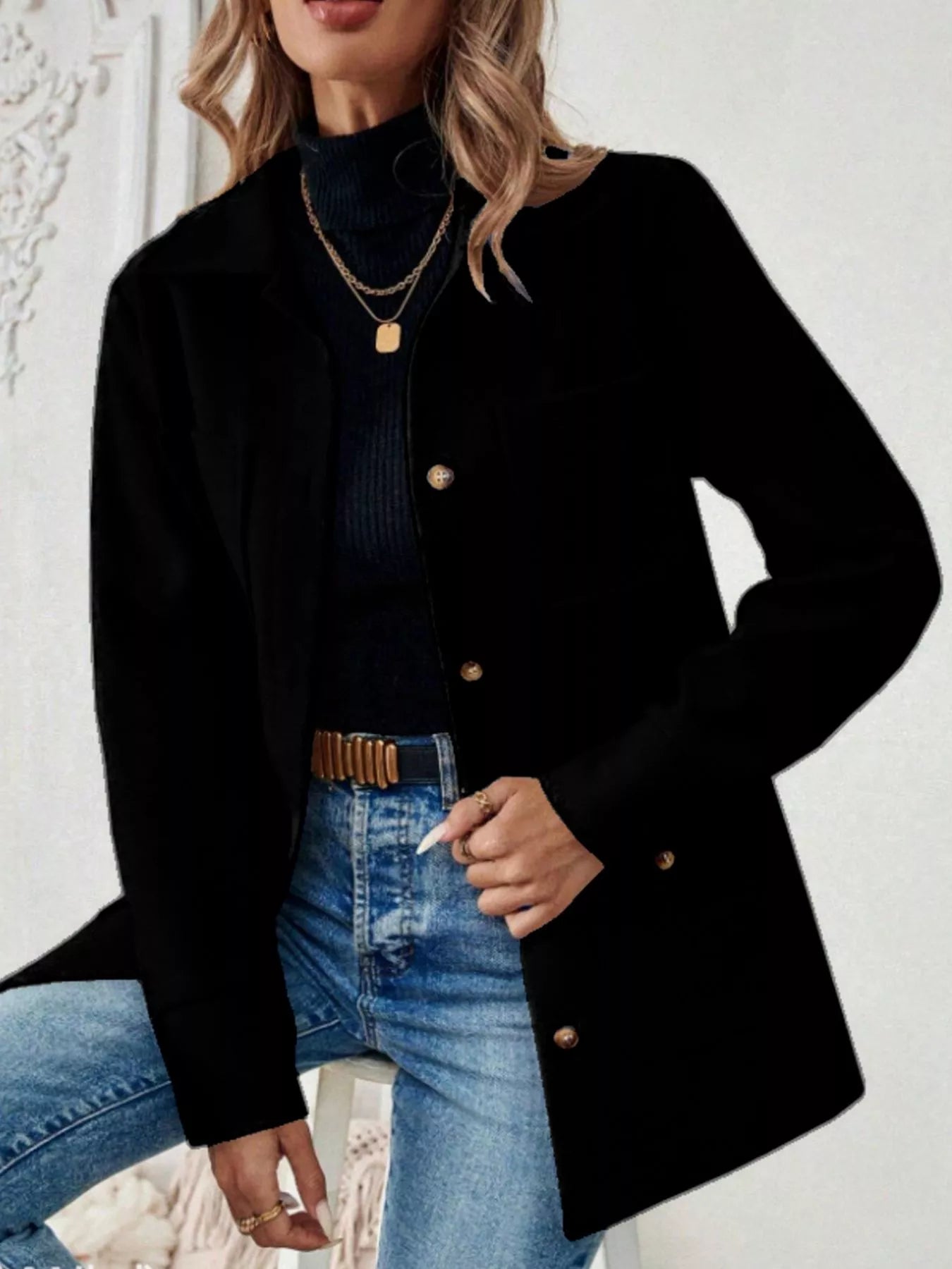 Button-Front Pocketed Long Sleeve Outerwear