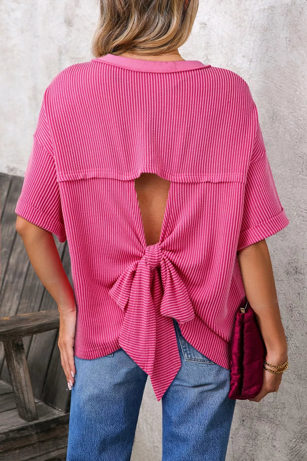 Spiral Ribbed Cutout Bow Knot Back Oversize Top