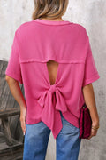 Spiral Ribbed Cutout Bow Knot Back Oversize Top