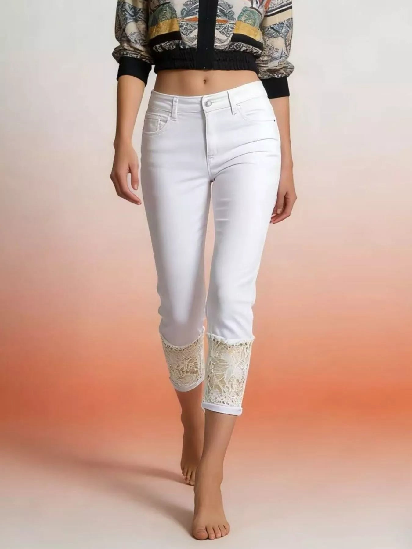 Full Size Lace Trimmed Capri Jeans Plus Size