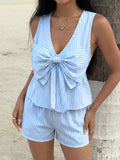 Striped Bowknot Sleeveless Top & Shorts Set