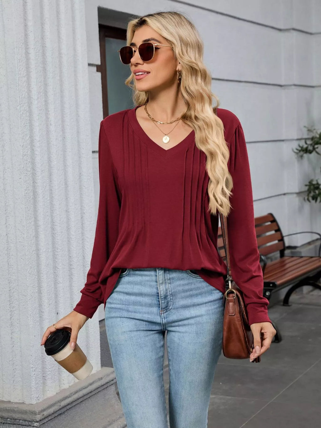 V-Neck Long Sleeve Relaxed Fit T-Shirt